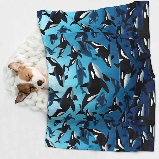 Reversible Plush Throw for Dogs and Cats, Killer Whales Orcas Ocean Sea Animals, Double Sided Blanket with Nubby Dot Side and Sleek Side Ideal for Cuddling Nesting Security