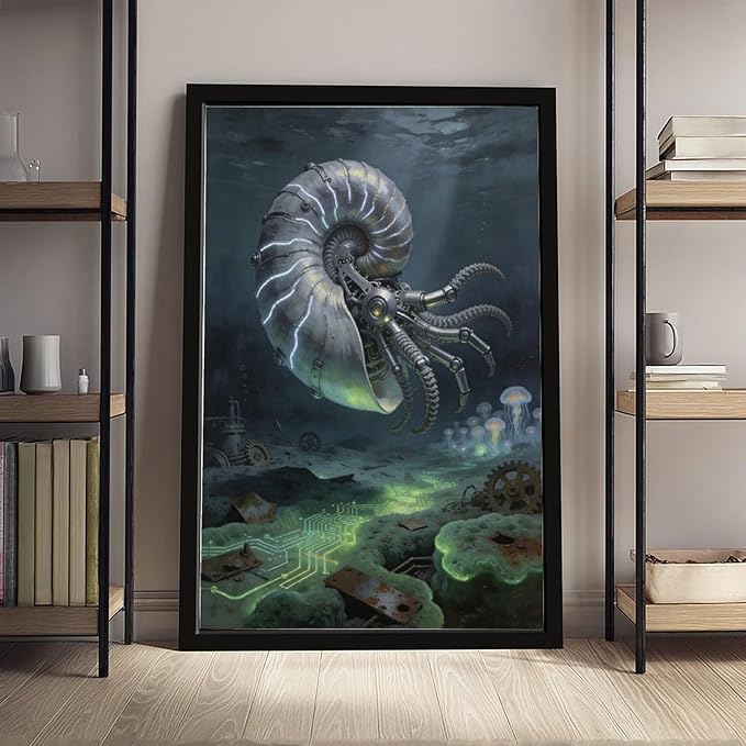 Framed Steampunk Mechanical Nautilus Wall Art - Underwater Industrial Poster for Man Cave Studio Decor 12x18in