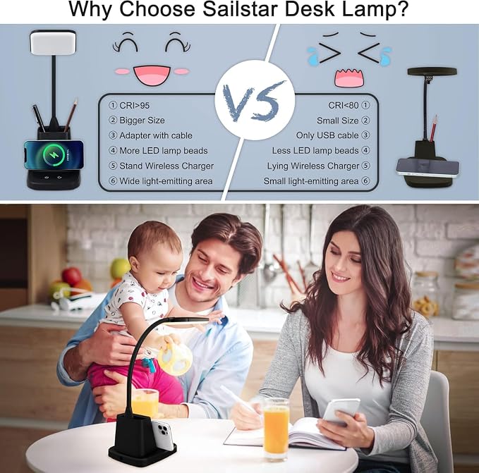 LED Desk Lamp with 10W Wireless Charging & Pen Holder, Black | CRI 95, 800LM, Stepless Dimming, 3 Modes, 360°Flexible Arm, Touch, Study Table Lamp for Home Office, Dorm Room, with Adapter