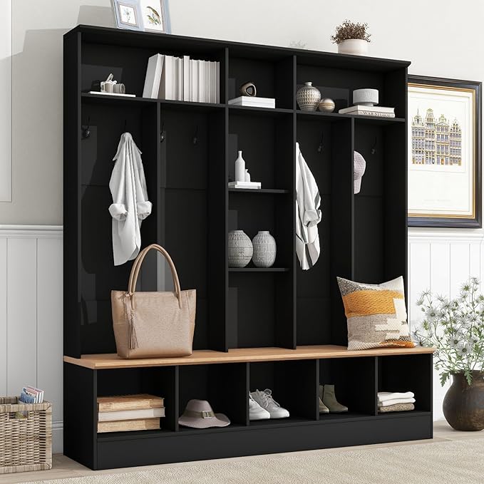 Wide Hall Tree With Shoe Storage Bench, Minimalist Entryway Coat Rack, Cube Storage and Shelves, Multifunctional Mudroom With 8 Hooks for Hallway (Black)