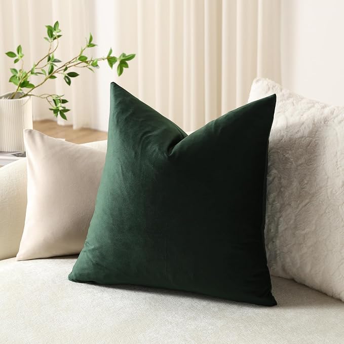 Throw Pillow Covers 20x20 Dark Green: Pack of 2 Cozy Soft Velvet Square Modern Luxury Decorative Throw Pillow Cases for Sofa Couch Living Room Bed Home Decor