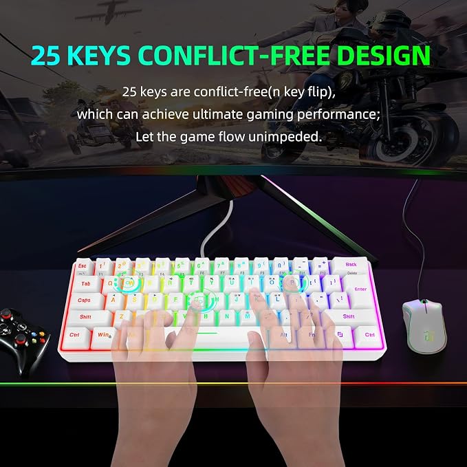 Snpurdiri 60% Wired Gaming Keyboard, 61 Keys RGB Backlit Wrist Rest Ultra-Compact Mini Waterproof Keyboard for PC Computer Gamer (White) | Backlit Ultra-Compact Mini Gaming Keyboard for PC Computer Gamer