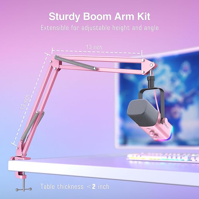 FIFINE AmpliGame AM8TP XLR Gaming Microphone USB PC Dynamic Mic Kit | Streaming RGB Mic with Headphone Jack, Mute Button, Boom Arm Stand for Computer/Mixer, for Vocal, Recording, Podcast, Pink