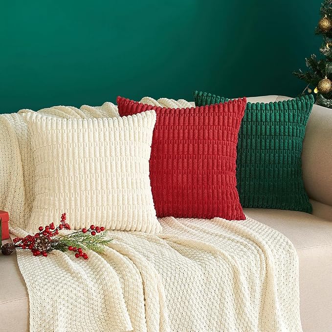 MIULEE Euro Sham Corduroy Decorative Throw Pillow Covers 24x24 Red Set of 2 | Soft Boho Striped Pillow Covers Modern Farmhouse Home Decor For Sofa Living Room Couch Bed