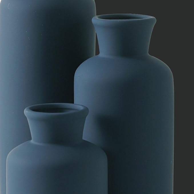 Ceramic Vase Set of 3, Neutral Modern Vases Home Decor Boho Vase Farmhouse Decor Flowers Pampas Vases for Table Mantel Entryway Shelf Living Room Kitchen Bathroom - Navy Blue