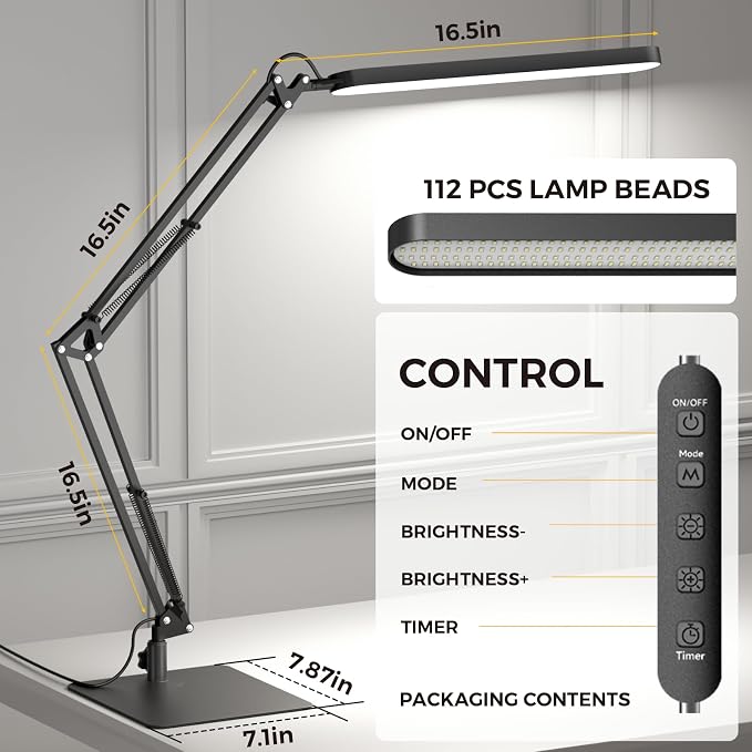 SKYLEO LED Desk Lamp with Slim Base - Adjustable Swing Arm Desk Light, Dimmable, Timer, Eye Protection, Memory Function, 1300LM, 12W, Black