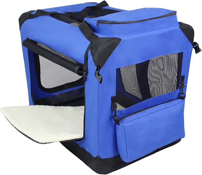 EliteField 3-Door Folding Soft Dog Crate with Carrying Bag and Fleece Bed (2 Year Warranty), Indoor & Outdoor Pet Home (42" L x 28" W x 32" H, Royal Blue)