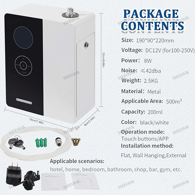 Commercial Fragrance Diffuser, HVAC Aroma Compatible, Smart Air Diffuser 17657 Cu Ft, Waterless Essential Oil Diffuser, 6.76 Oz, WiFi Bluetooth App Controlled Silent for Hotel Spa(White)