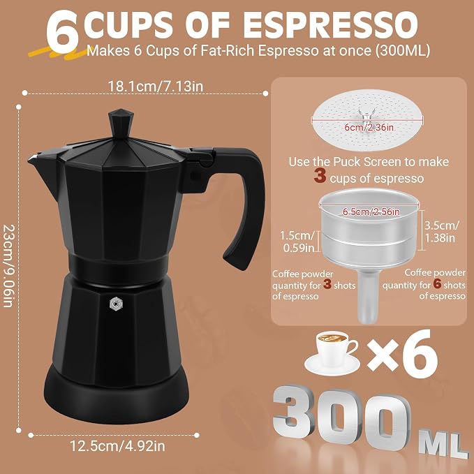Electric Moka Pot, 3 or 6 Cup Espresso Coffee Maker, Black | Food-grade aluminum, dose reduction plate, boil-dry protection, auto-stop, detachable base, for Cuban and Italian coffee