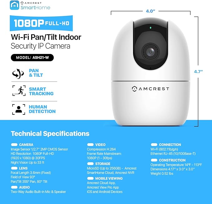 Amcrest 1080P WiFi Camera Indoor, Nanny Cam, Dog Camera, Sound & Baby Monitor, Human & Pet Detection, Motion-Tracking, Phone App, Pan/Tilt Wireless IP Camera, Night Vision, Smart Home ASH21-W