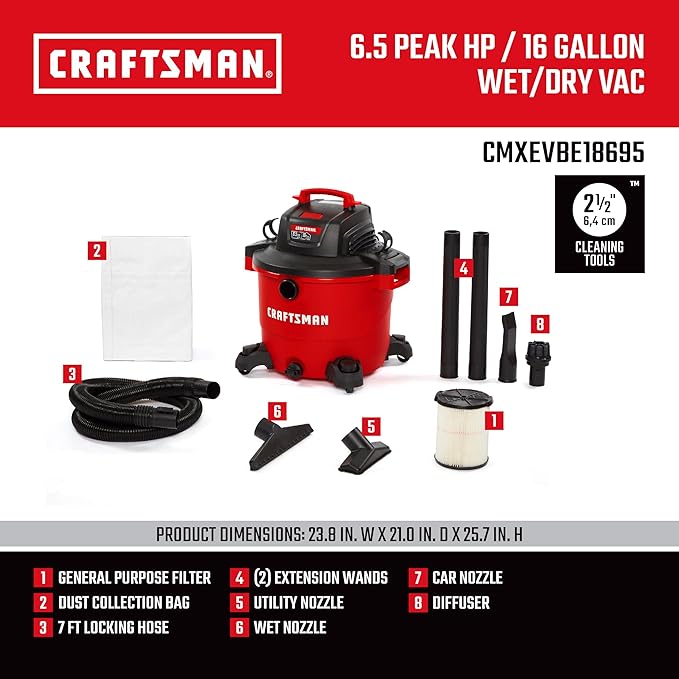 CRAFTSMAN CMXEVBE18695 16 Gallon 6.5 Peak HP Wet Dry Vac, Heavy-Duty Shop Vacuum Wet and Dry with Filter, Muffler/Diffuser, Dust Bag, Hose and Attachments for Home Projects & Renovations