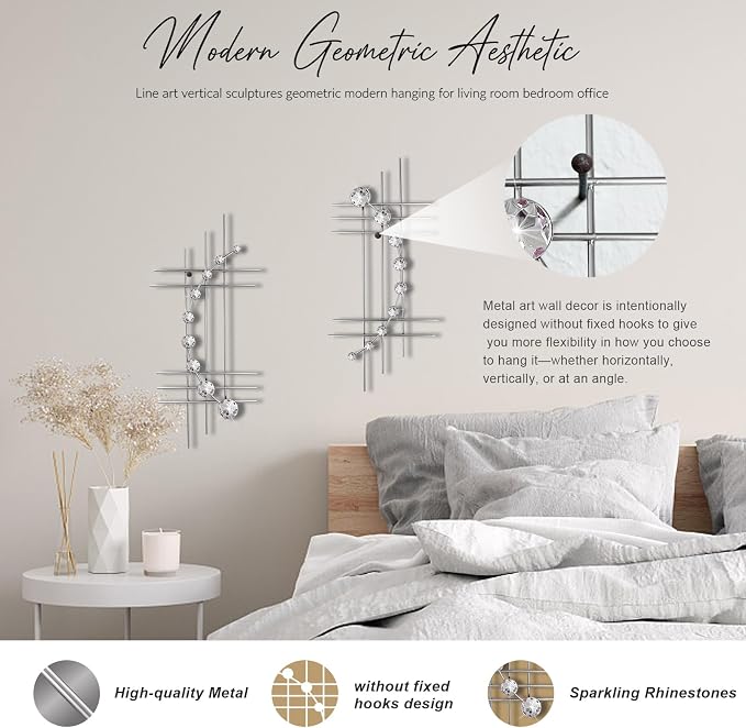 ZEXUIRU 2 Pcs Abstract Metal Art for Wall Decor Living Room Bedroom Bathroom Office Metal Bling Modern Geometric Hanging Vertical Small Iron Sculpture Plaque Pack -Silver 15.7in