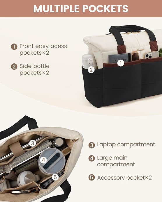 LOVEVOOK Tote Bag for Women,Light Puffer Tote Bag with Multi-pockets,Stylish Carry on Laptop Bags for Daily,Travel,Work,Gym