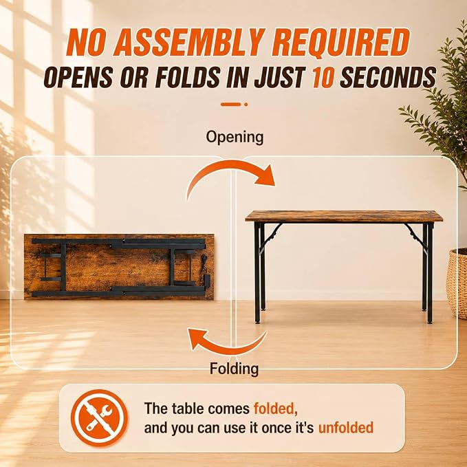 Folding Table Computer Desk - 55.1" No Assembly Folding Desk with Power Outlets & USB Charging Port, Small Desk, Foldable Office Desk, Compact Storage Portable Use for Small Space, Rustic Brown
