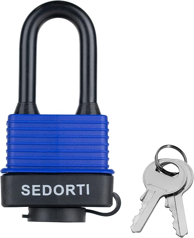 Colored Waterproof Padlocks, Heavy Duty Laminated Steel Lock with Blue Plastic Covered, Keyed Alike Outdoor Locks, Can Be Used as Lockout Tagout Lock, Long Padlocks, Pack of 12