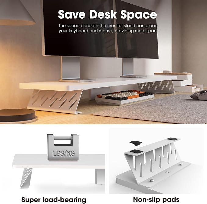 Fenge Dual Monitor Stand Riser, 42.5 Inch Desk Top Shelf for 2 Monitors, Computer Stands for Desk, Wood & Steel Desktop Riser for Laptop, PC, Printer