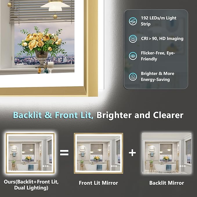 40x32 Gold Beveled LED Bathroom Mirror with Lights, Brushed Gold Framed Backlit and Front Lit Anti-Fog Lighted Vanity Mirrors for Bathroom Wall, Dimmable, 3 Colors, Memory, HD Tempered Glass