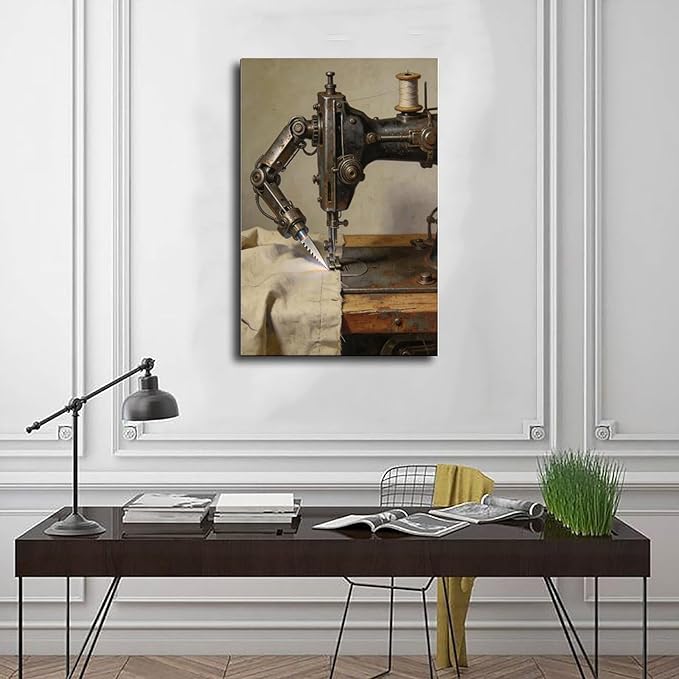 Framed Steampunk Mechanical Sewing Machine Wall Art - Retro Industrial Workshop Poster for Home Office Studio Decor 12x18inch(30x45cm)