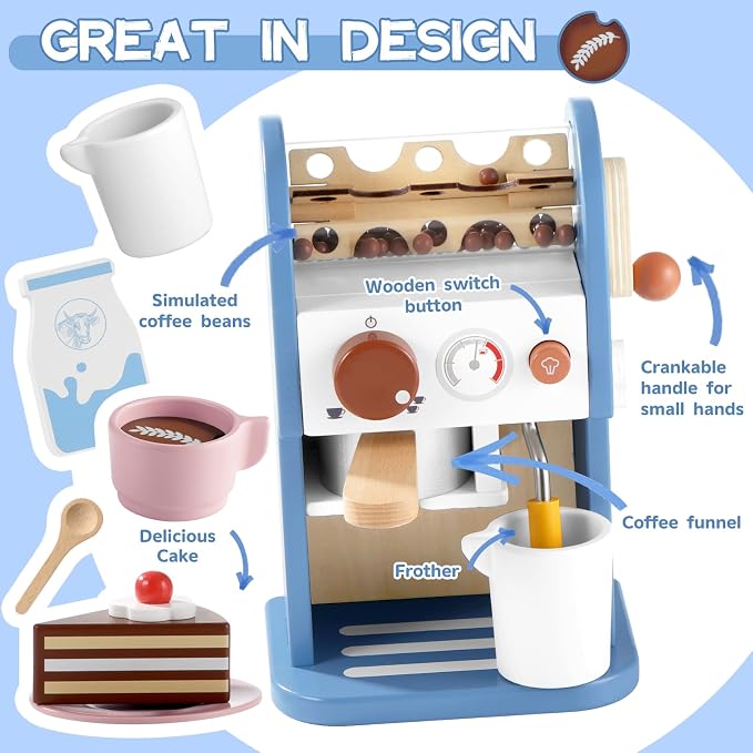 GAGAKU Wooden Coffee Machine Toy with Grinder，15 pcs Wood Play Kitchen Accessories for Kids Non-Toxic Pretend Play Barista Set Learning Gift for Toddlers Girls Boys Ages 3+