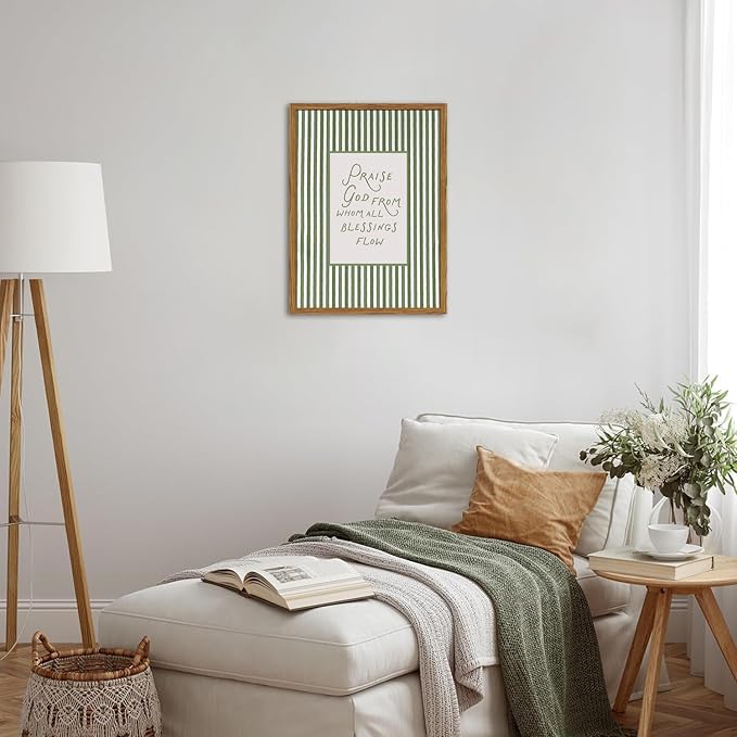 Framed Christian Wall Art, Praise God From Whom All Blessings Flow Scripture Pictures Wall Decor, Sage Green Striped Bible Verse Paintings Canvas Prints Religious Home Decor for Living Room 16x24 inch