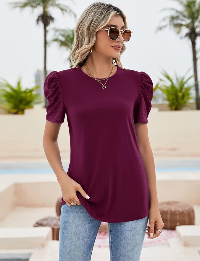 Ivicoer Puff Short Sleeve Shirt for Women Eyelet Tops Summer Crewneck Blouse Loose Fit S-XXL