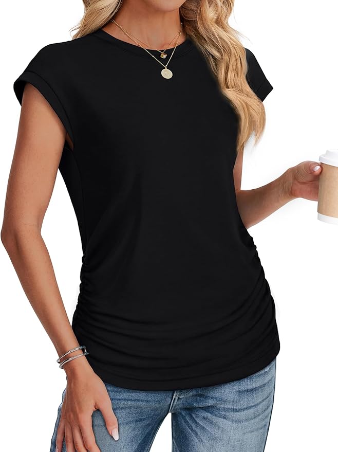Sampeel Womens Summer Tops Trendy 2026 Ruched Cap Short Sleeve Tshirts Shirts Crew Neck T Shirts Fashion