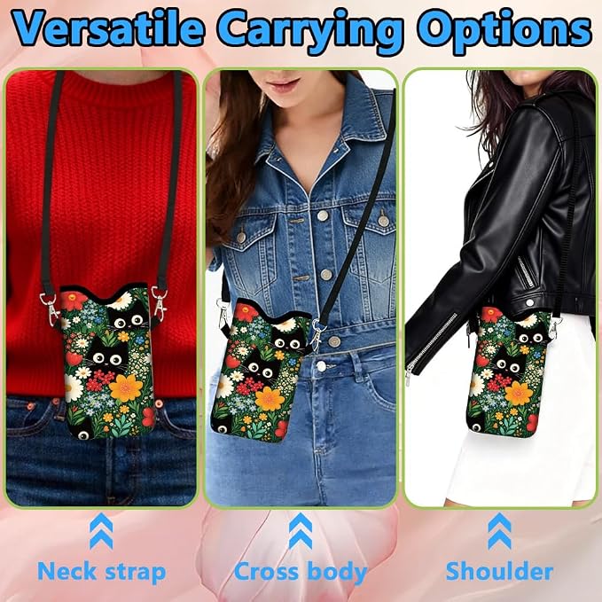 Cat Phone Pouch with Adjustable Strap Neck Lanyard Fits Most Smartphones 7.1 x 3.9 Inch Phone Crossbody Sleeve Black Cat Flower Pattern Neoprene Nylon Cellphone Carrying Case for Women Men