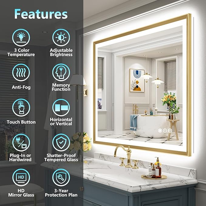 40x32 Gold Beveled LED Bathroom Mirror with Lights, Brushed Gold Framed Backlit and Front Lit Anti-Fog Lighted Vanity Mirrors for Bathroom Wall, Dimmable, 3 Colors, Memory, HD Tempered Glass