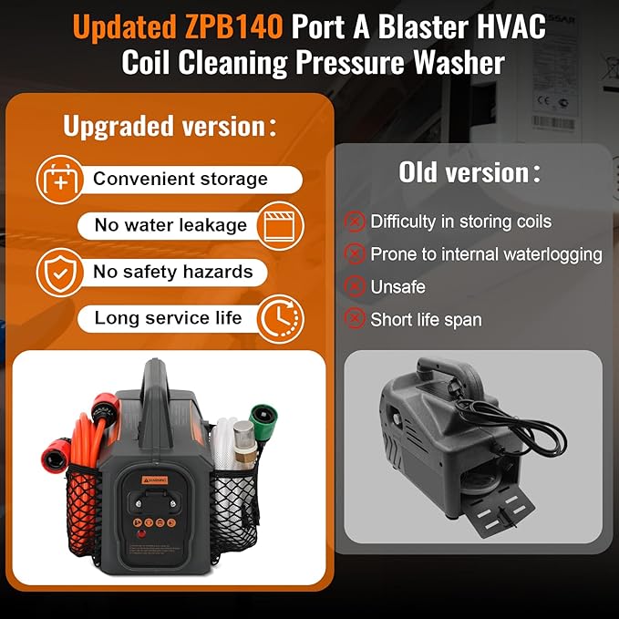 Updated ZPB140 Port A Blaster HVAC Coil Cleaning Sprayer,Portable Coil Jet Cleaner,HVAC Pressure Washer for AC 120V 80W Indoor or Outdoor Cleaning, Flow Rate 4L/min, Working Pressure 0.7-1.0MPa