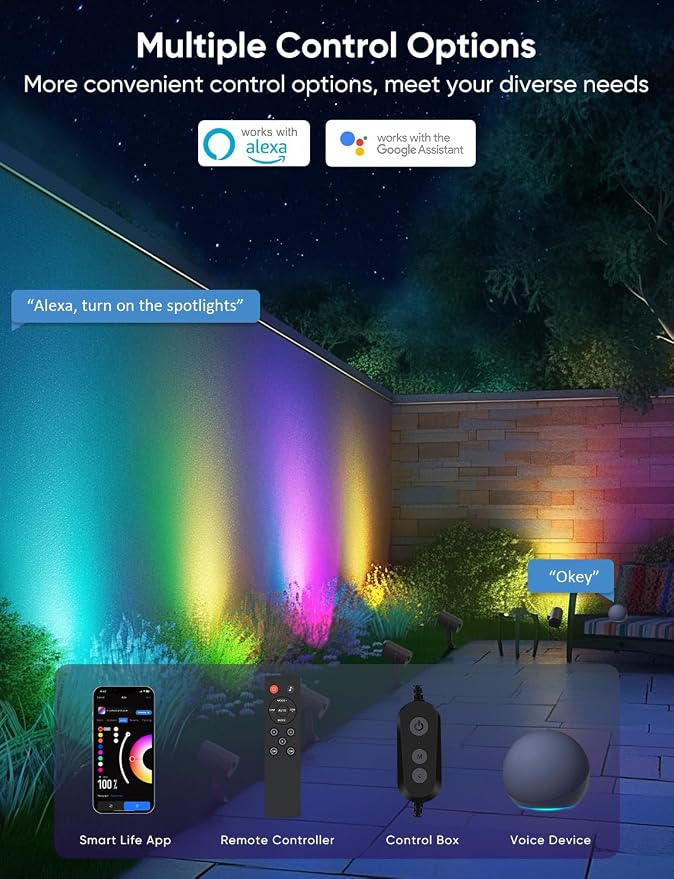 APPECK Smart Landscape Lighting Kit 24W, 4 Pack Outdoor Spot Lights RGBCW | Color Changing Landscape Lights, IP65 Waterproof, 2700-6500K, for Garden Pathway Yard, Daily Holiday Decor, Alexa Compatible