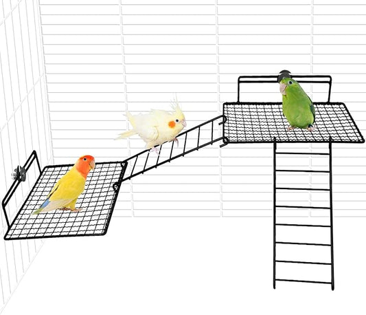 BNOSDM Extra Large Stainless Steel Grid Platform for Parakeet 4 PCS Bird Perches Platform Parrot Stand with Climbing Ladder Bird Cage Accessories for Small to Large Bird (Screw Style-XL)