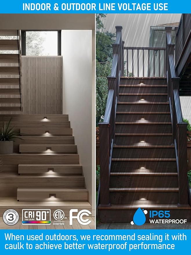 LEONLITE 12-Pack 5CCT 120V LED Step Lights, 150LM 5%-100% Dimmable Stair Lights Indoor Outdoor IP65 Waterproof, Aluminum Anti-Glare Shell, CRI90 ETL 2700K/3000K/3500K/4000K/5000K, Oil Rubbed Bronze