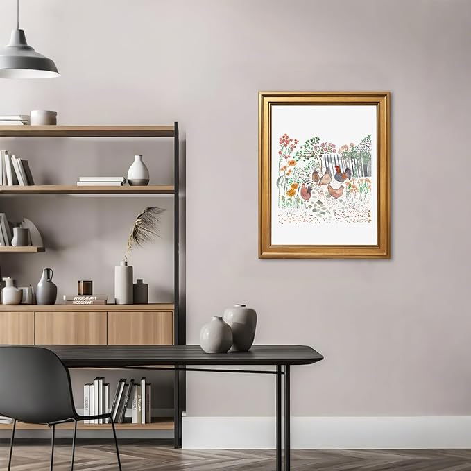 Framed Cottagecore Chicken Wall Art Painting Farmhouse Hens Print Rustic Country Farm Illustration Picture Poster Vintage Pastoral Canvas Artwork Aesthetic Cottage Home Kitchen Room Decor 24x36inch