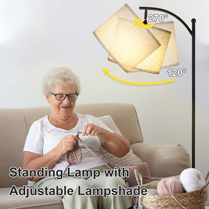 Modern Floor Lamp, 3-Ways Dimmable Standing Lamp with Linen Shade, Adjustable Height, Foot-Step Switch, Reading Lamp for Living Room, Bedroom, Office, 9W Bulb Included (Black)