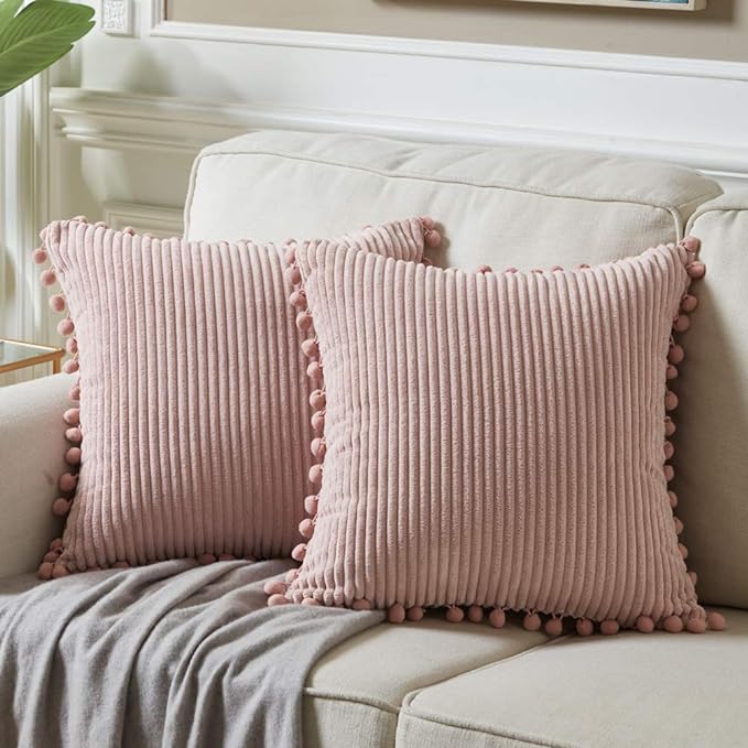 Fancy Homi Pack of 2 Decorative Throw Pillow Covers with Pom-poms, Soft Corduroy Solid Square Cushion Case Pillow Cases Set for Couch Sofa Bedroom Car Living Room (18x18 Inch/45x45 cm, Blush Pink)