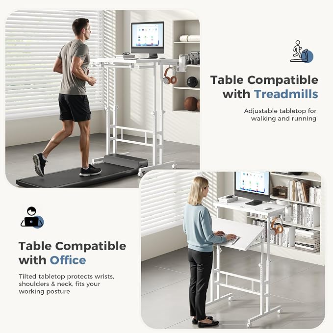 DUMOS Rolling Standing Desk, Sit Stand Desk, Computer Cart | Manual Height Adjustable, Split Top Mobile, Laptop Workstation, Portable Home Office, Walking Pad Study Surface, White