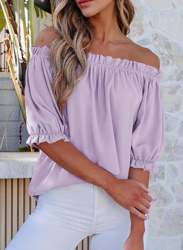EVALESS Womens Tops Off The Shoulder Blouses for Women Dressy Casual Cute Puff Sleeve T Shirts Fashion 2026