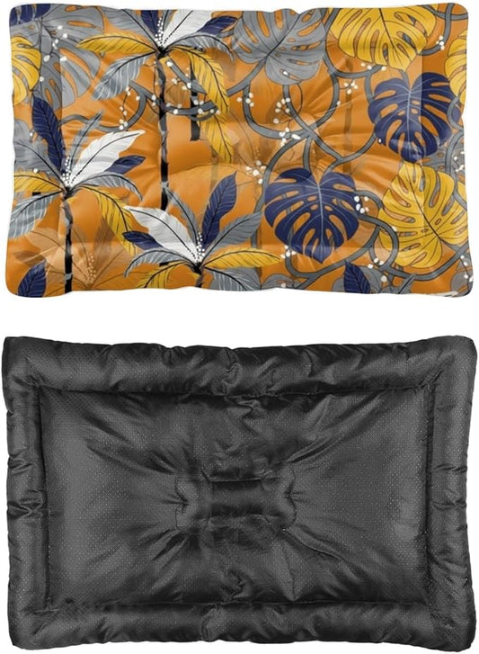 Brown Jungle Leaves Little Dog Bed Small Dog Mat Bed Crate Pad Crate Cushion Washable Non-Slip Chew Resistant for Easy to Clean Pad Mat for Cushions Indoor Outdoor 24X18 Inch