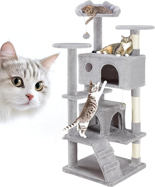 54 Inches Cat Tree Tower Condo Furniture, Cat Tower for Indoor Cats, Cozy Hammock and Sisal Scratching Posts, Multi-Level Durable Cat Scratch Post for Kittens Pet House Play, Detachable Toy, Beige
