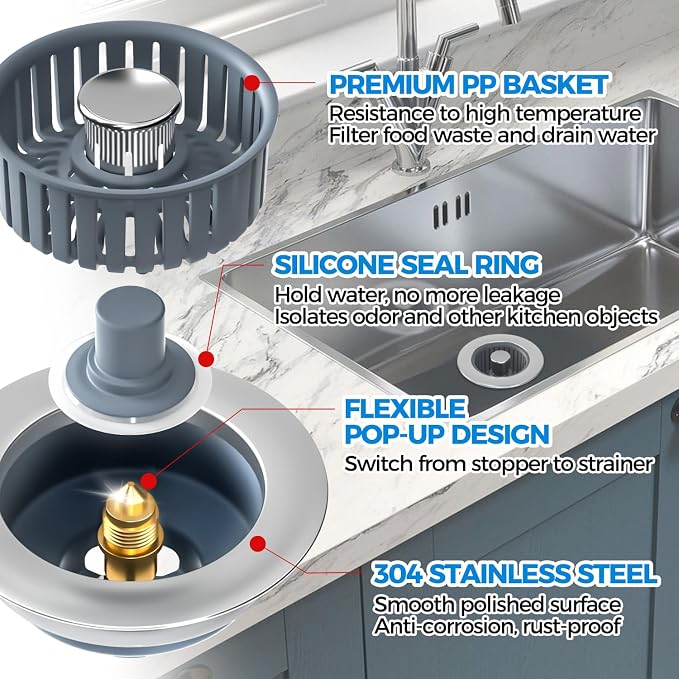 zaa 3 in 1 Kitchen Sink Drain Strainer Stopper Removable Basket Pop-Up | Kitchen Sink Accessories 3 Pack Silver Stainless - Food Catcher, Odor-Blocking Seal, Fits 3.5" Drain, Easy Clean