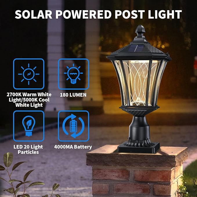 19.6" Solar Post Lights, Dusk to Dawn Outdoor Post Lights Solar Lamp Post Light, Black Pole Lights Outdoor with Pier Mount Base, Waterproof Outdoor Lamp Post for Yard FrontDoor Pathway Garage, 1 Pack