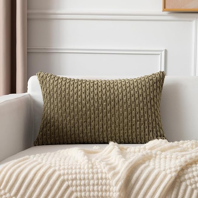 Kevin Textile Soft Corduroy 12"x24" Lumbar Pillow Cover 1 Pack, Olive Green | Boho Stripe Plush Corduroy Decorative Oblong Cushion Cover Modern Farmhouse Home Decor for Sofa Couch Bed Chair