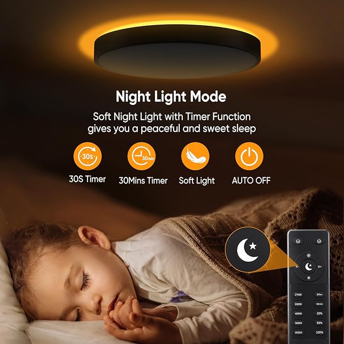 13 Inch Flush Mount Ceiling Light with Remote Control & Night Light, 5CCT Dimmable Ceiling Light Fixture, 25W 2500LM 2700K-6500K Adjustable LED Ceiling Lights for Bedroom Kitchen, Black