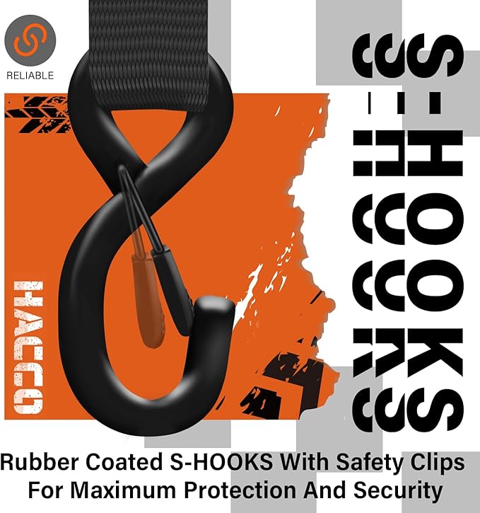 HACCOPLANET Ratchet Straps, 5280lb Break Strengeth, 16FT x 1.6" Heavy Duty Ratchet Tie Down Strap Set w/Padded Handle, S Hook, Soft Loop for UTV Motorcycle Truck Cargo Straps (Black, 16FT)