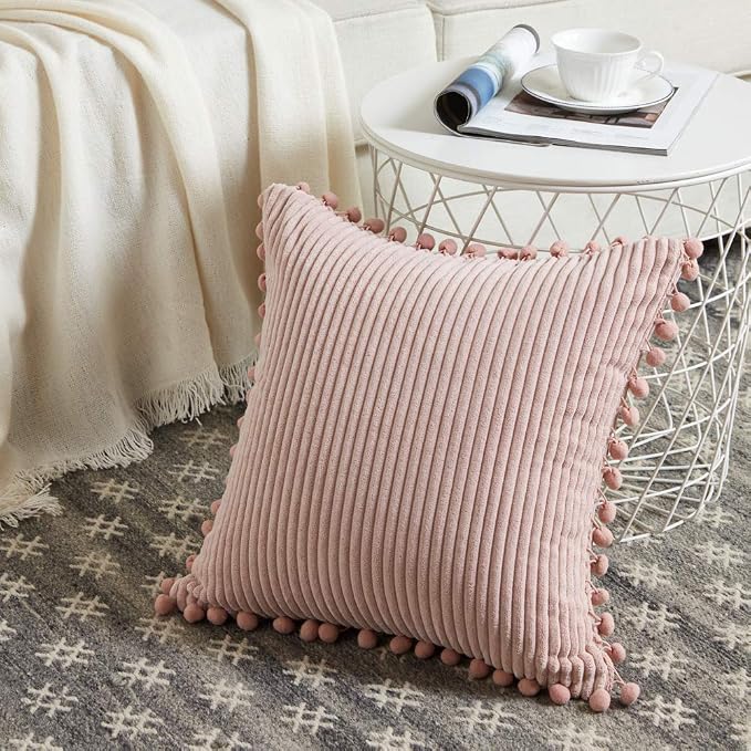Fancy Homi Set of 2 Blush Pink Decorative Throw Pillow Covers 14x14 Inch with Pom-poms for Couch Bed Sofa, Modern Farmhouse Boho Home Decor, Soft Plush Corduroy Cute Cushion Case 35x35 cm