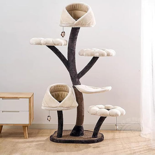 Cat Tree, 63.8inches Tall Cat Tower for Large/Small Cats Climbing, 6-Tier Cat Flower Tree with Resting Platforms & Scratching Posts, Cats Activity Center Playground, Load Capacity 22lbs (Brown+White)