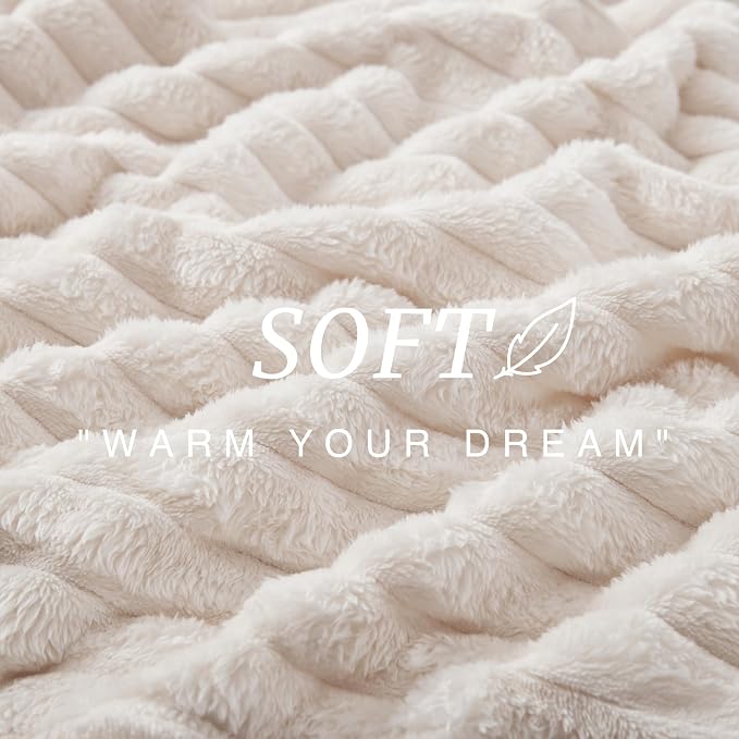 EXQ Home Fleece Throw Blanket for Couch or Bed - 3D Stripe Jacquard Decorative Blankets - Cozy Soft Lightweight Fuzzy Flannel Blanket Suitable for All Seasons(50"×60",Beige)