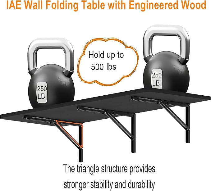 IAE 60x22in Floating Fold Desk,Wall-Mounted Folding Computer Table,Black | Study Table with Shelf Brackets,Foldable Down Shelf with Engineered Wood,Fold Computer Desk for Small Apartment,Holds 515 lb
