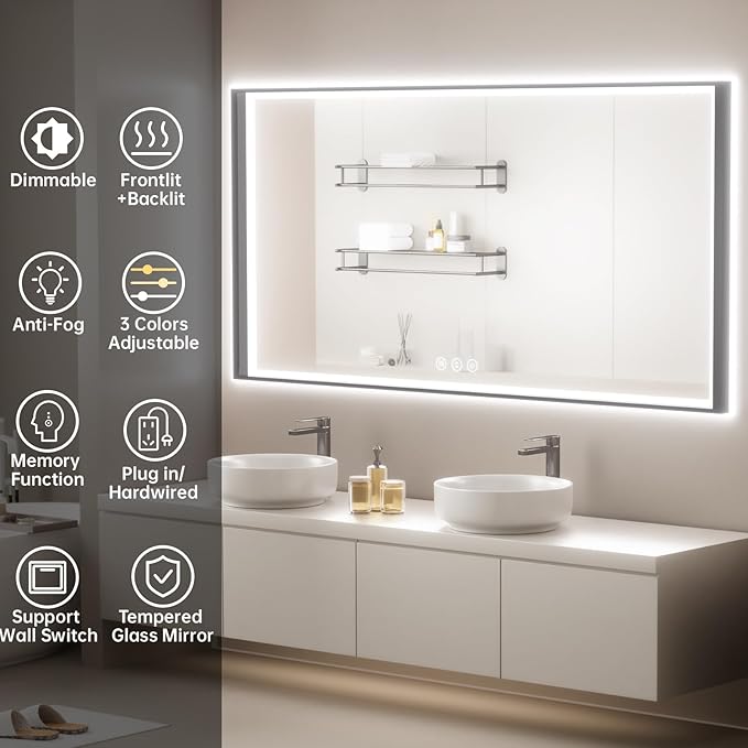 60x36 LED Bathroom Mirror with Lights, Black Aluminum Framed, Backlit + Front Lit, Lighted Bathroom Vanity Mirror for Wall, Anti-Fog, Memory Function, Dimmable, Shatterproof ETL Listed