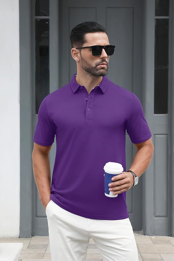 MAGCOMSEN Men's Polo Shirts Short Sleeve Cotton Pique 3 Button Classic Fit Casual T-Shirt Performance Golf Shirts